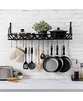 Slickblue Metal Rectangular Wall Mounted Kitchen Pot Rack with 12 Hanging Hooks