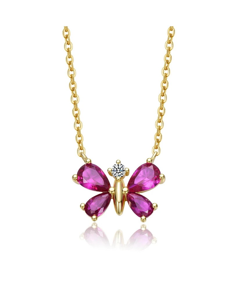 GiGiGirl Sterling Silver 14K Gold Plated Butterfly Necklace with Red Cubic Zirconia