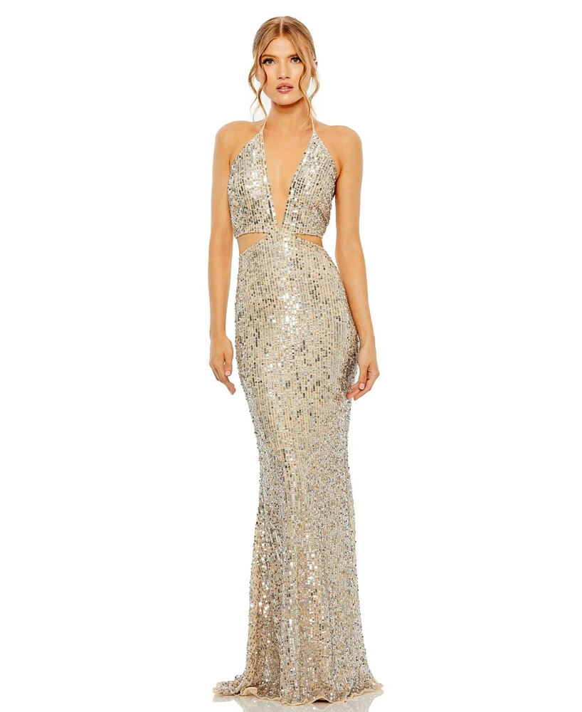 Mac Duggal Women's Cut Out Halter Tie Back Sequin Gown