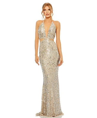 Mac Duggal Women's Cut Out Halter Tie Back Sequin Gown