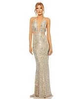 Mac Duggal Women's Cut Out Halter Tie Back Sequin Gown