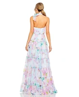 Mac Duggal Women's Floral Print Asymmetrical Halter Neck Tiered Gown