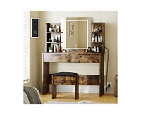 gaomon Vanity Desk with Mirror and Lights, Makeup Vanity Set w/Desk and Stool, Power Outlet, Vanity Table w/6 Storage Shelves