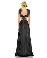 Mac Duggal Women's Pleated Feather Cap Sleeve Open Back Gown