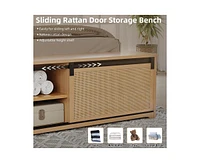 gaomon Natural Rattan Full Size Bed Frame with Sliding Barn Door Storage Cabinets and Headboard