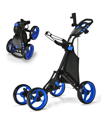 Gymax 4 Wheels Foldable Golf Push Pull Cart Trolley w/ Brake Waterproof Bag