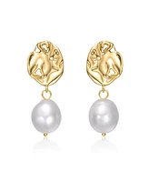 Genevive Sterling Silver 14K Gold Plated with White Freshwater Pearl Crinkled Drop Earrings