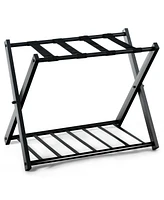 Gouun Set of 2 Folding Metal Luggage Racks with Storage Shelf and Non-Slip Feet