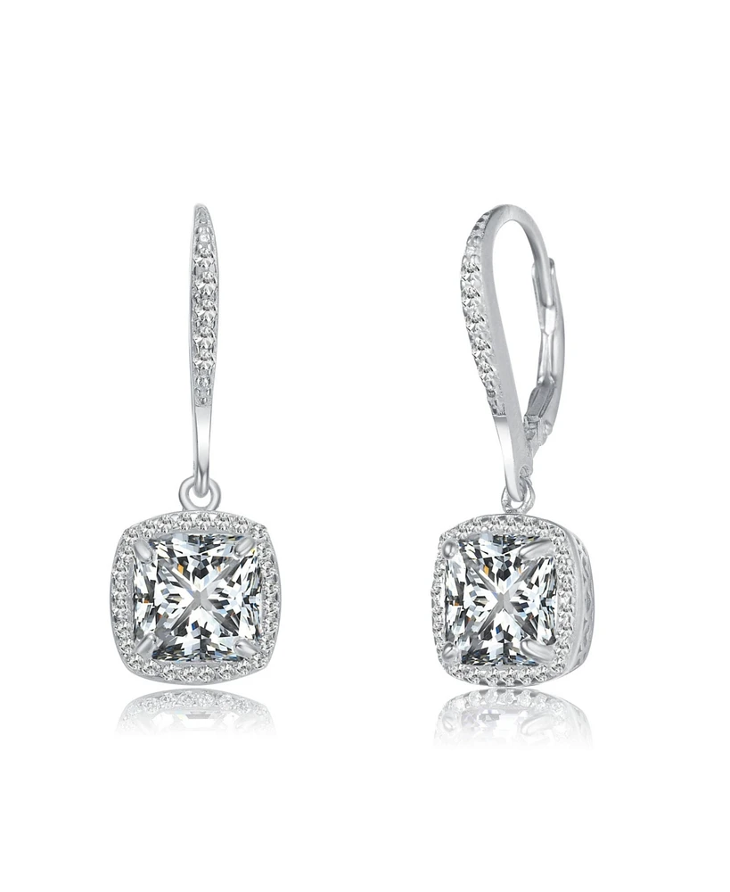 Genevive Sterling Silver White Gold Plated Clear Round and Radiant Cubic Zirconia Drop Earrings