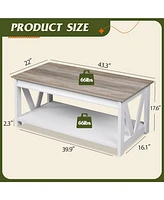 Wlive Farmhouse Coffee Table,Living Room Table with Storage,43 in Wood Center Table with V-Shaped Frame for Home Office,Apartment