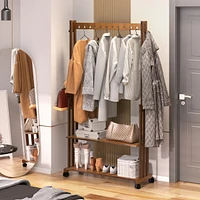 Unho Retro Bamboo Clothes Rack: Brown Garment Organizer Hanging Rack with Wheels