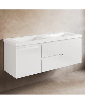 Lovmor 60 in. Floating White Bath Vanity with Double Sink Combo Set