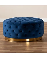 Baxton Studio Sasha Glam and Luxe Royal Blue Velvet Fabric Upholstered Gold Finished Round Cocktail Ottoman