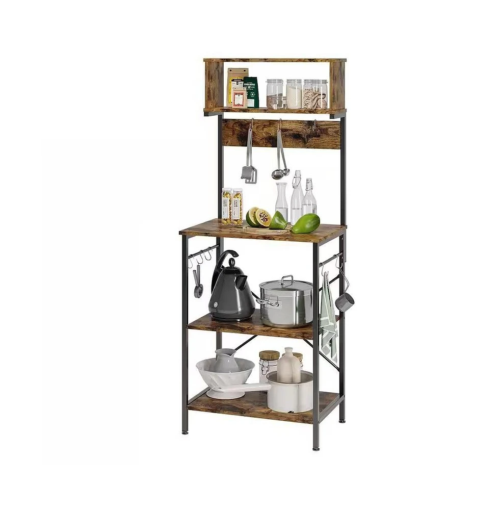 Slickblue Industrial Modern Kitchen Baker's Rack with Metal and Wood Shelves and Microwave Stand