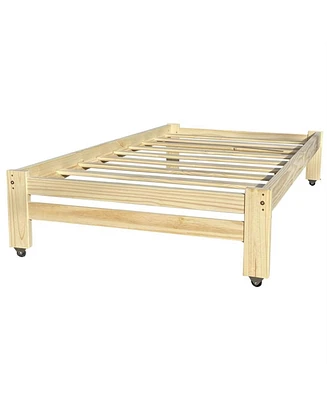 Slickblue Unfinished Solid Wood Platform Bed Frame with Casters Wheels