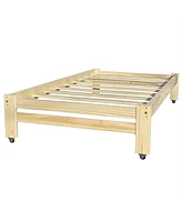 Slickblue Unfinished Solid Wood Platform Bed Frame with Casters Wheels