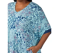 Ellen Tracy Plus Printed V-Neck Caftan Nightgown