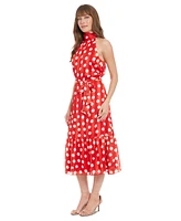 London Times Women's Polka-Dot Tie-Waist Mock-Neck Dress