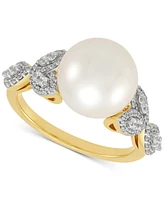 Honora Cultured Ming Pearl (10mm) & Diamond (1/3 ct. t.w.) Leaf Ring in 14k Gold