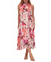 julia jordan Women's Floral Chiffon Pleated Scoop-Neck Midi Dress