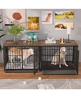 Bingopaw Furniture Style Wooden Dog Crate Pet Kennel End Table with Three Doors and Tray