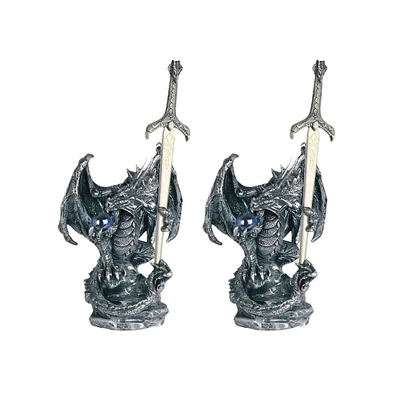 Fc Design "2-pc Gift Set" 5"H Medieval Silver Dragon Holding Blue Gemstone and Sword Guardian Figurine Statue Ornament Home Room Office Decor and Perf