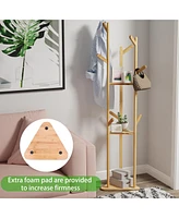 Unho Sturdy Garment Clothes Stand: Natural Bamboo Coat Rack Hat Hanger Stand with Shelves