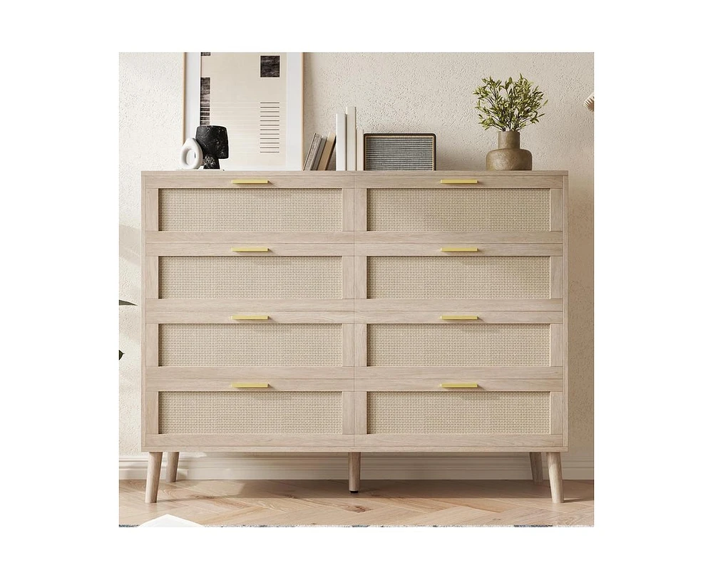 gaomon 8 Drawer Rattan Dresser, 47.2" x 15.7" x 37" Rattan Chest of Dressers, Mid Century Modern Dresser for Closet with Handles, Large Table Top, Dre