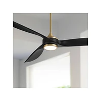 Casa Vieja 60" La Jolla Surf Mid Century Modern Indoor Ceiling Fan 3 Blade Led Light Remote Control Soft Brass Finish Black Blades Bedroom Living Room