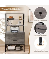 Gouun Freestanding File Cabinet with Charging Station and 3-Tier Open Shelves