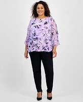 Kasper Plus Printed Ruffle-Sleeve Blouse