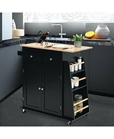 Gouun Rubber Wood Countertop Rolling Kitchen Island Cart