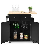 Gouun Rubber Wood Countertop Rolling Kitchen Island Cart