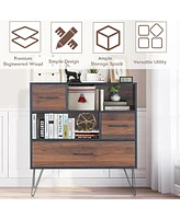 Gouun 3-Tier Wood Storage Cabinet with Drawers and 4 Metal Legs