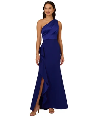 Adrianna Papell One-Shoulder Satin-Trim Draped Gown