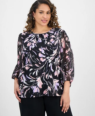 Kasper Plus Printed Sheer-Sleeve Blouse