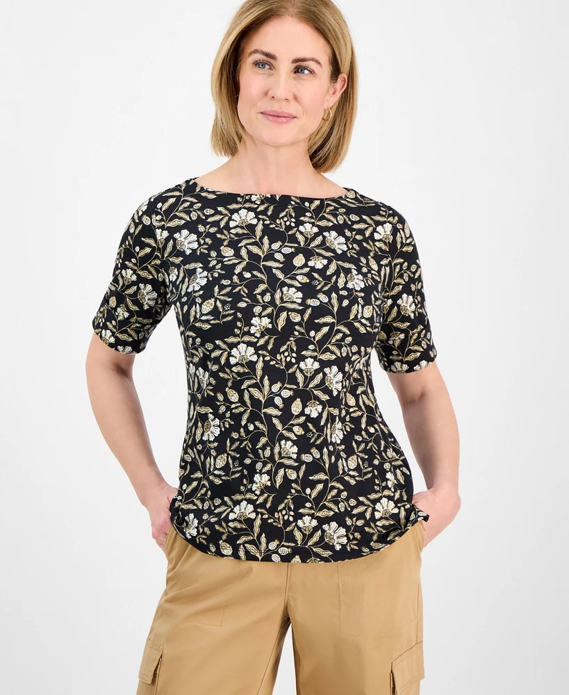 Style & Co Petite Gram Floral Elbow-Sleeve Tee, Exclusively at Macy's