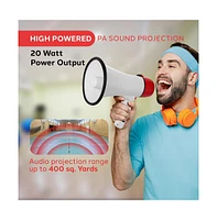 Pyle Portable Megaphone with Siren, 20 Watt Power, Aux Input for MP3, Automatic Siren, Lightweight