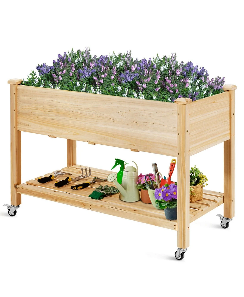 Gymax Raised Garden Bed Wood Elevated Planter Bed w/Lockable Wheels Shelf & Liner