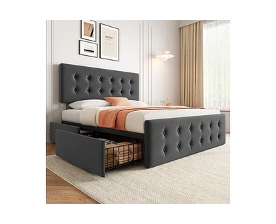 gaomon Queen Size Bed Frame with 4 Storage Drawers and Headboard, Linen Upholstered Platform Bed Frame with Wooden Slats Support, Button Tufted Design