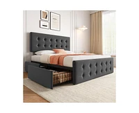 gaomon Queen Size Bed Frame with 4 Storage Drawers and Headboard, Linen Upholstered Platform Bed Frame with Wooden Slats Support, Button Tufted Design