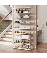 Tribesigns 8-Tier Acrylic Shoe Rack, Modern Shoe Storage with Wood Shelves, 63" Shoe Organizer Display Shelf for 24-32 Pairs, Space-Saving, White & Tr