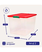 Homz 64 Qt Secure Latch Clear Plastic Storage Container Bin w/ Red Lid, 2 Pack