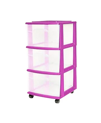 Homz Plastic 3 Drawer Medium Storage Container Tower, Clear Drawers/Purple Frame
