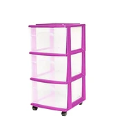 Homz Plastic 3 Drawer Medium Storage Container Tower, Clear Drawers/Purple Frame