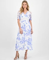 Taylor Women's Lace-Trim Floral-Print Chiffon Dress