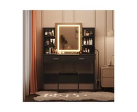 gaomon Vanity Desk with Mirror and Lights, Makeup Vanity Set w/Desk and Stool, Power Outlet, Makeup Vanity Desk with 6 Storage Shelves