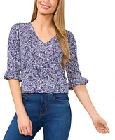 CeCe Women's Floral V-Neck 3/4-Sleeve Ruffled Cuff Blouse