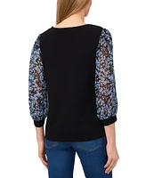 CeCe Women's Mixed-Media Floral-Sleeve Round-Neck Top