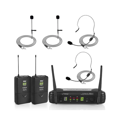 Pyle Uhf Wireless Microphone System Kit with (2) Beltpack Transmitters, (2) Headset Mics & (2) Lavalier Mics